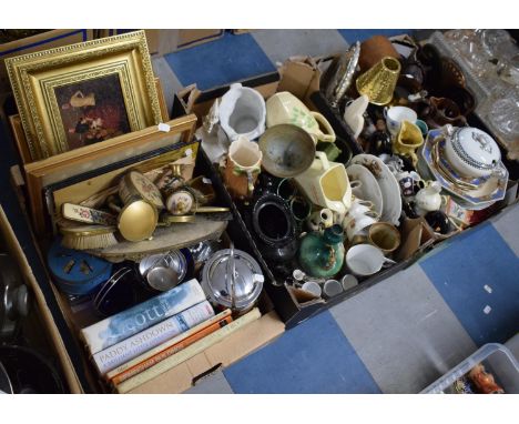 Three Boxes Containing Various Ceramics, Mantle Clock, Crumb Tray, Pictures and Prints, Books, Metalwares, Dressing Table Set