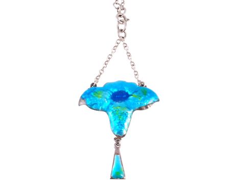 An enamel and silver pendant, circa 1900, the tapering rectangular drop set to the front and reverse with blue and green enam