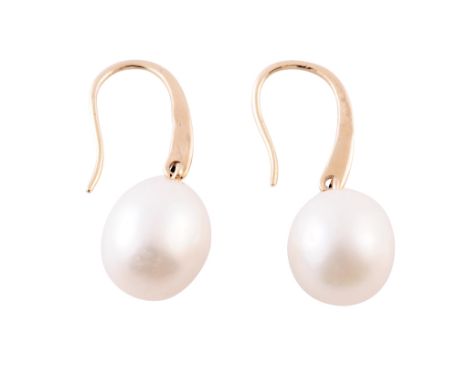 A pair of cultured pearl drop earrings, the cultured pearl set on an articulated link to the bottom of a shepherds hook fitti