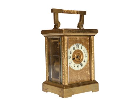 A French 19th Century brass cased repeater carriage clock, the white enamel dial, signed Hamilton ***/ Calcutta and France, w