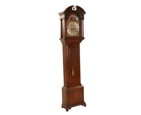 An oak and burr oak crossbanded eight day longcase clock, signed Standring, Bolton, the 12¾" break-arch square brass dial, wi