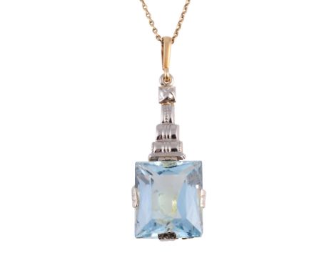 An aquamarine and 14 carat gold pendant, the square cut aquamarine four double claw set in an open mount to the bottom of a f