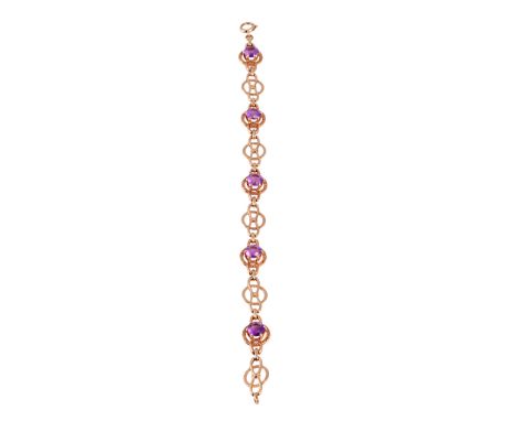 An amethyst bracelet, the ten articulated links formed of an inner figure of eight to the centre of a textured circle, each l