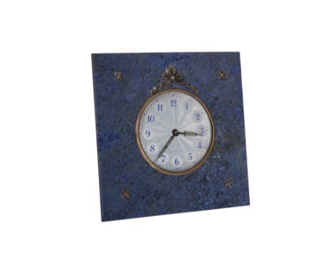 A diamond set hardstone strut clock in the manner of Cartier, the circular engine turned enamel dial with Arabic numerals, mo