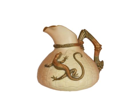 A Royal Worcester "Lizard" jug, moulded with a lizard on a basket weave ground, no. 1714, date code for 1910, puce printed fa