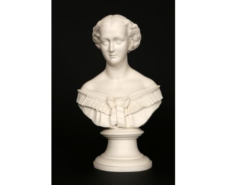 A Royal Worcester parian bust of Alexandra, Princess of Wales, c.1864, shape 1/10, on a circular pedestal.

A similar bust is