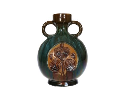 A Linthorpe pottery flask vase, designed by Christopher Dresser, of South American influence, with twin handles, no. 336, fac