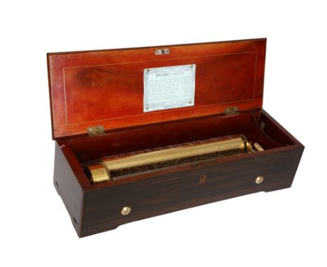 A 19th Century cylinder music box, the 13¼" cylinder playing eight airs, signed NICOLE FRERES, stamped no. 26138, bears paper