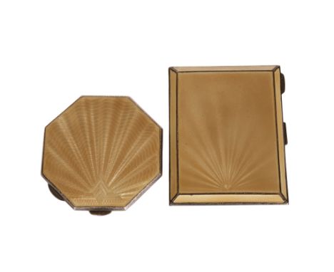 A vintage silver and enamel compact, Birmingham 1947, the octagonal cover with engine turned sunburst yellow enamel; together