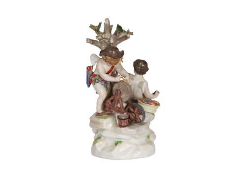 A Meissen group of arrow grinders, modelled as a putto sharpening an arrow on a grinding wheel beneath a tree, the other hold