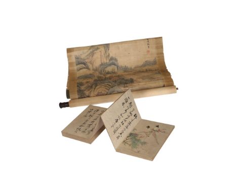 A Chinese concertina picture book, illustrated with birds; together with a Chinese scroll. (2)