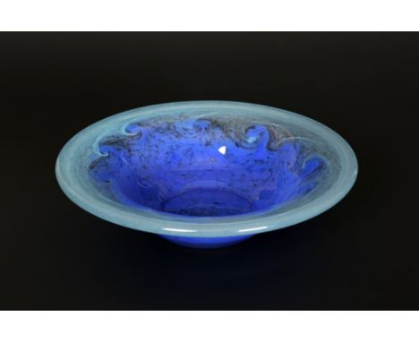 Monart, a shape XA bowl, light and medium blue cased glass divided by whorls. Diameter 25cm