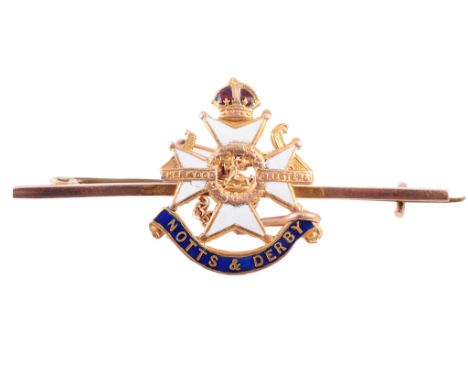 A 9ct gold and enamel regimental bar brooch, for the Notts & Derby regiment, the 9ct gold bar supporting a Maltese cross cent