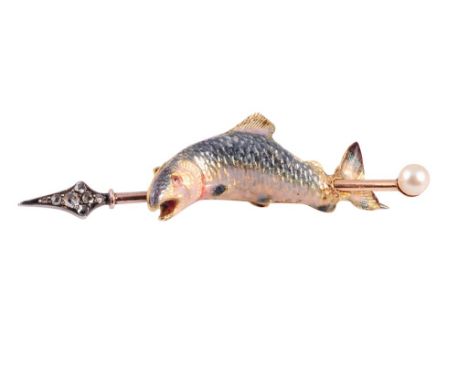 An enamel, cultured pearl and diamond brooch, circa 1890-1900, designed to depict a speared fish, the realistic fish with tex