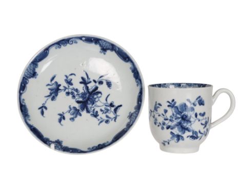A Worcester coffee can and saucer, c.1760-5, underglaze blue painted with the Mansfield pattern, workman's marks. Height of c