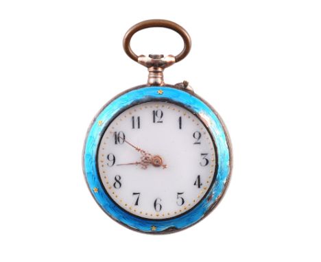 A Continental lady's silver and blue enamel fob watch, the white enamel dial with Arabic numerals, the 800 grade case with en