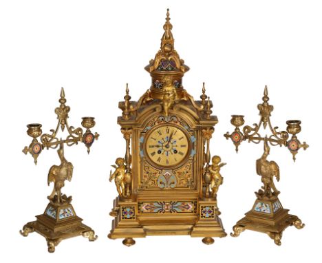 A 19th Century ormolu and enamel mantel clock, of architectural form, applied with three putti and enamelled with foliage and