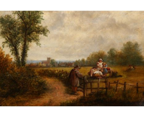 English School (19th Century), Children playing with a dog in a meadow, a village in the distance and a man looking over a ga