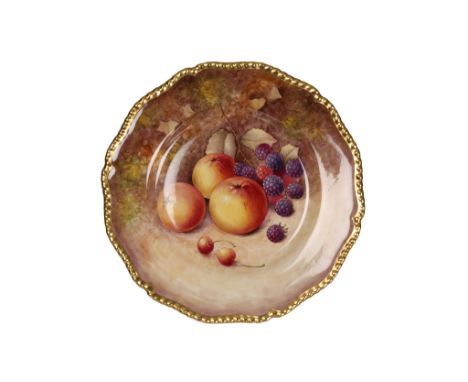A Royal Worcester fruit painted plate, with scalloped edge and beaded rim, signed J. REED, black printed factory mark. 27cm