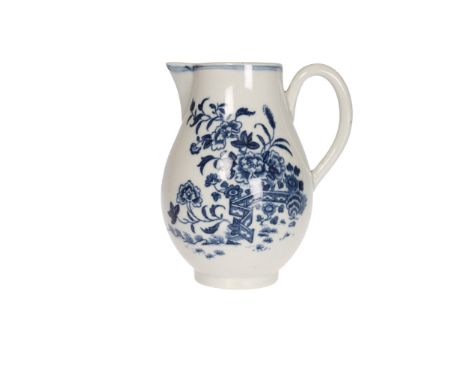 A Worcester sparrow beak jug, c. 1770, blue printed with the Fence pattern, blue crescent mark. 11cm