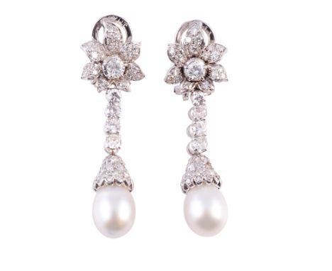 A pair of diamond and cultured pearl drop earrings, the cultured pearl set to the bottom of a scalloped edge cap set througho