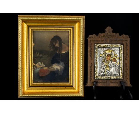 A Reproduction Byzantine Icon Small gilded icon in carved wood frame finished in silver. Along with historical print gilt fra