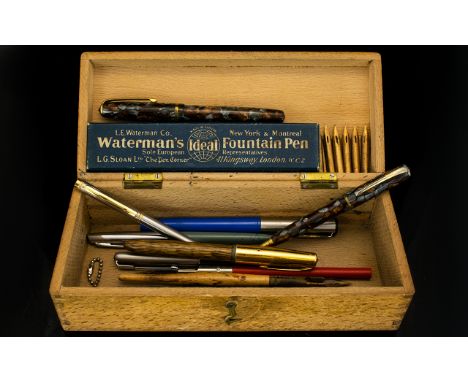 A Box Containing A Variety Of Vintage Fountain Pens And Nibs Rectangular hinged wooden box containing various loose nibs, Bur