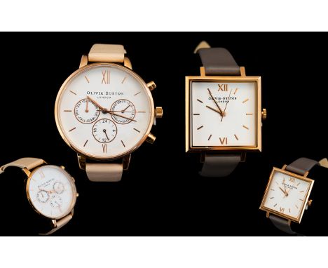Olivia Burton London Two Rose Gold Tone Contemporary Fashion Watches Each in as new, unworn condition, the first a rose gold 
