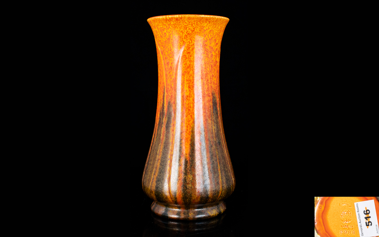 Royal Lancastrian Orange Uranium Drip Glaze Elongated Pedestal Vase. Impressed Marks To Base 'Ro