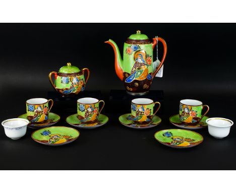 Japanese Eggshell Ceramic Part Coffee Service Bright green ground with Samurai decoration, comprising coffepot, four cups and