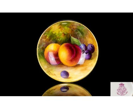 Royal Worcester Hand Painted and Signed Miniature Saucer ' Apples and Berries ' Stillife. Signed A. Shuck. Dated 1936, 2.75 I