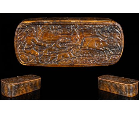 Georgian Period Fine Tooled Leather Clad Wooden Hinged Rectangular Shaped Snuff Box With embossed cover depicting a hunting s