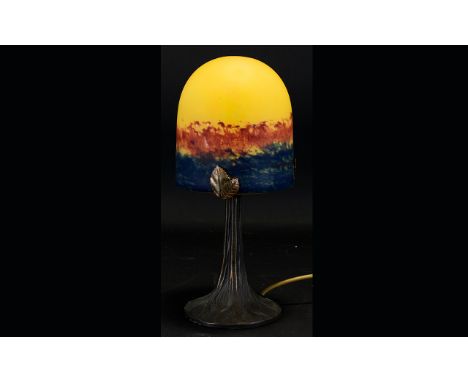 Fer Forge Style Art Reproduction Art Nouveau Table Lamp In the form of a toadstool with cast textured base and applied leaf d