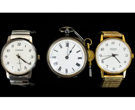 Gents Sekona Wristwatches Two in total, stainless steel and gilt cases, each with white dials and Arabic numerals, manual win