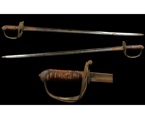 British - Mid 19th Century Light Infantry Officers Sword. Features Leather Bound Grip - Etched Steel Blade, Steel Basket, Hil