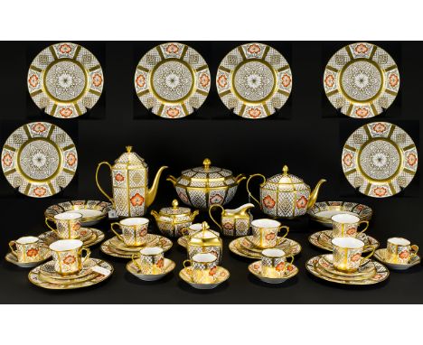 Caverswall Fine Bone China Dinner and Tea Service. Comprises 6 dinner plates, 5 soup bowls, coffee pot, teapot, 2 sugar bowls