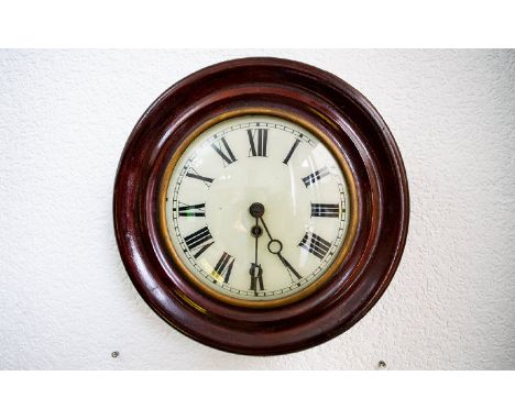 Antique Period Mahogany Cased Railway School Round Dial Wall Clock. c.1900-1910. Quality Single Brass Barrel Spring Mechanism