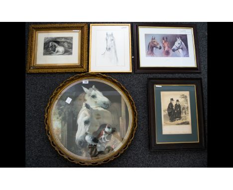 A Collection Of Four Equestrian Themed Prints To include one after Lanseer 'The Indian Tent', circular framed horse print wit