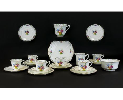 Shelley - 1920's Fine Quality ( 20 ) Piece Bone China Tea Service ' Hampton Court ' Basket of Fruit on White Ground. Pattern 