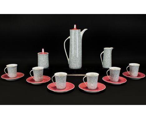 Retro Coffee Set 'Cmieilow Made In Poland' Comprising OfCoffee Pot, Six Cups And Saucers, Milk Jug, Sugar Bowl. Grey And Pink