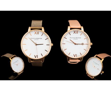 Olivia Burton London Two Rose Gold Tone Contemporary Fashion Watches Each in as new, unworn condition, the first a rose gold 