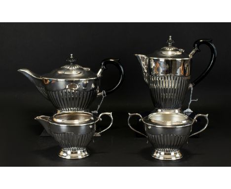 Good Quality 4 Piece Silver Plated Tea & Coffee Service with Fluted Bodies. Comprises 1/ Teapot, 2/ Coffee Pot, 3/ Milk Jug, 