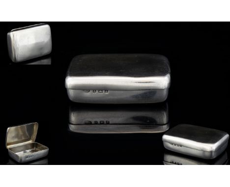 George V Silver Hinged Lidded Oval Shaped Snuff Box of Solid and Plain Form. Hallmark Birmingham 1918, Maker William Pearsall