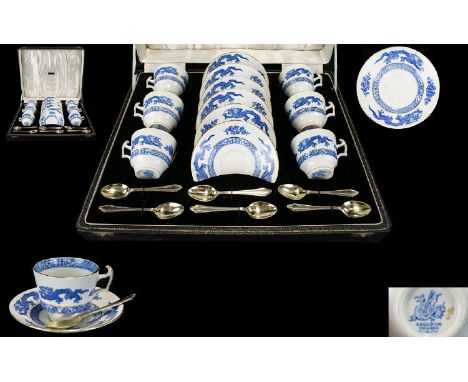 Cauldon Blue Dragon Coffee Set In Presentation Case. 6 Cups, 6 Saucers, 6 Spoons. Retailed by Fattorini and Sons, Goldsmiths,