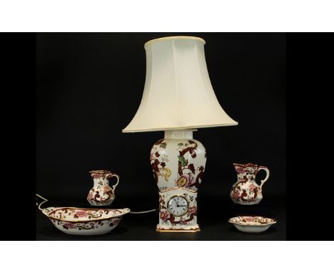 A Collection Of  Masons Mandalay Red. To Include Twin Handle Dish, Lamp, Mantle Clock, Pin Dish And Two  Jugs