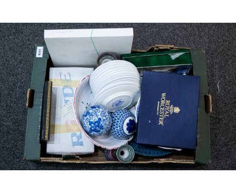 A Mixed Collection Of Ceramics A varied lot to include Scandinavian candlesticks, boxed Royal Worcester plate, blue and white