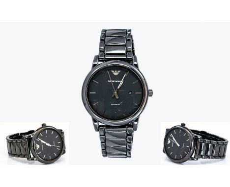 Emporio Armani Super Looking Gentleman's Black Ceramic Wrist Watch, AR 1508, Many Features, Date Function, Black Dial, Analog