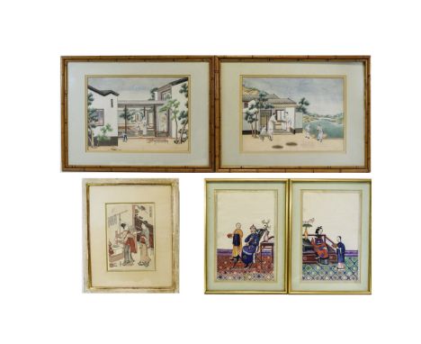 A Collection Of Oriental Pith Paintings Five items in total each framed under glass, two depicting tea drying and two depicti