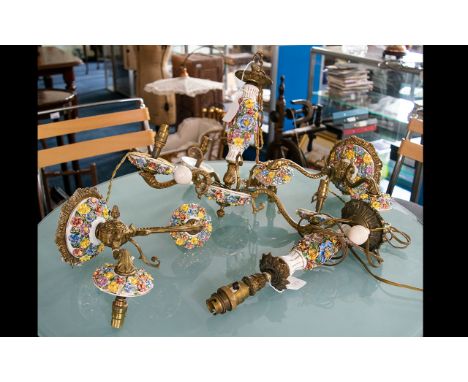 A Collection Of Italian Ceramic Light Fittings Finished in gilt brass with ornate ceramic floral detail throughout. Comprisin