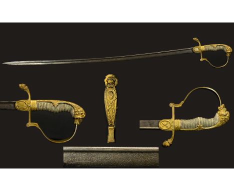 Prussian ' Crosses Degen ' Cavalry Officers Imperial Sword with Damascus Blade, Lions Head Pommel with Ruby Eye, Shark Skin G